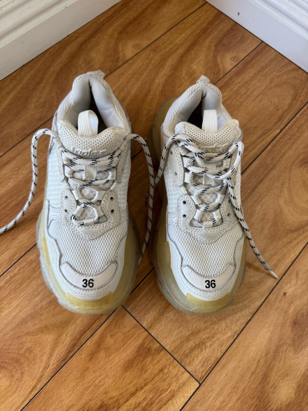 Balenciaga White Cream Triple S Mesh Leather Sneakers